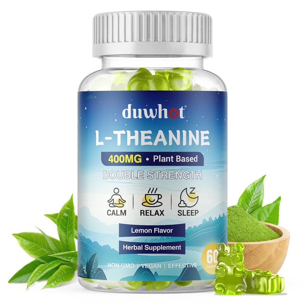 L-Theanine Gummies 400 mg, Chewable Theanine Supplement for Yetişkinler & Kids 4+, Natural Stress Relief, zzZ & Focus Supplement, Vegan, Low Sugar, Non-Drowsy, Lemon Flavor, 60 Chewables