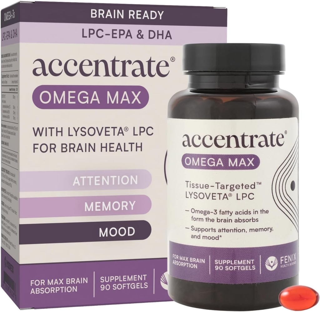Omega Max w/LYSOVETA LPC | EPA & DHA Supplements for Brain & Retina Sağlık | Odak, Dikkat, Hafıza, Mood & Vizyon | 6X Yüksek Sıcaklıklı Omega-3 L-PCHA