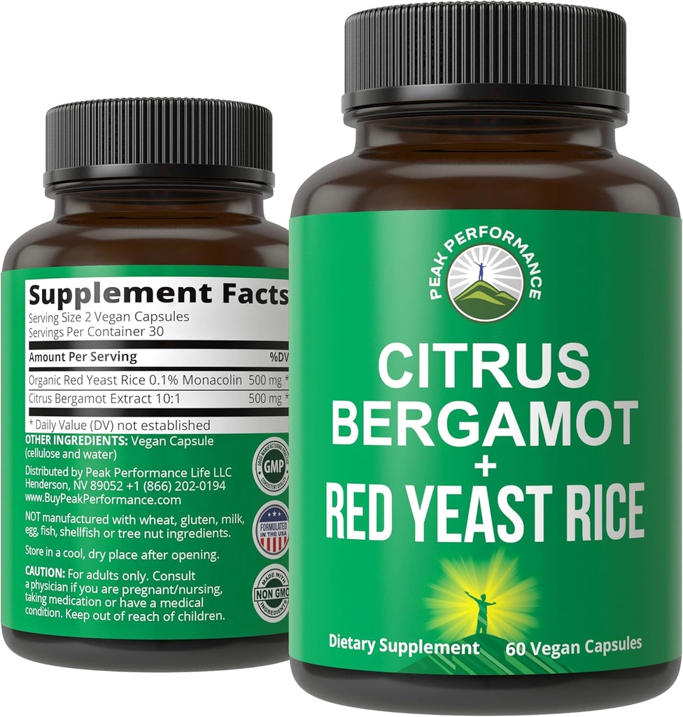 Citrus Bergamot + Red Yeast Rice. 2-in-1 Supplement. Yüksek Kuvvet 10:1 Bergamot Extract. No Gluten, Zero Sugar, Vegan Capsules