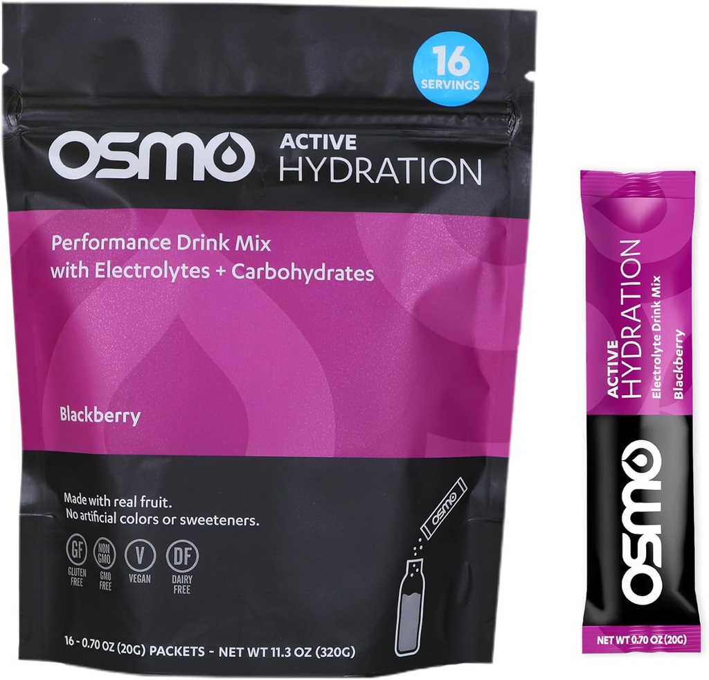 Osmo Active Hydration Electrolyte Powder - Περιλαμβάνει Νάτριο, Μαγνήσιο, Κάλιο, Καρβίδια & Βιταμίνες, Όλα τα φυσικά συστατικά, 3X Γρηγορότερη ενυδάτωση, Ενισχύει την ισχύ και την αντοχή - 16 πακέτα, BlackBerry