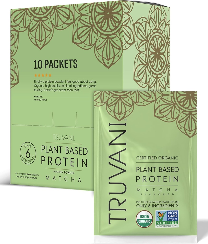 Truvani Vegan Pea Protein Toz | Matcha | 20g Organik Bitki Temel Protein | Single Travel Packets | 10 Servisler | Keto | Gluten & Dairy Free | Low Carb | No Ek Olmayan Şeker