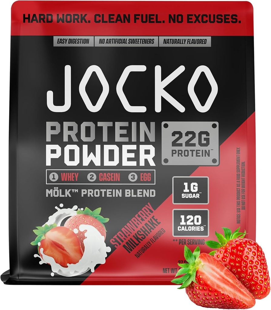Jocko Καύσιμο Mölk Whey Protein Powder 22g Χαμηλή ζάχαρη Μοναχός Μείγμα Φρούτων - Ανάκτηση μυών & ανάπτυξη, Συσκευασία Μαΐου Vary (27 εξυπηρετούν, Φράουλα Milkshake)