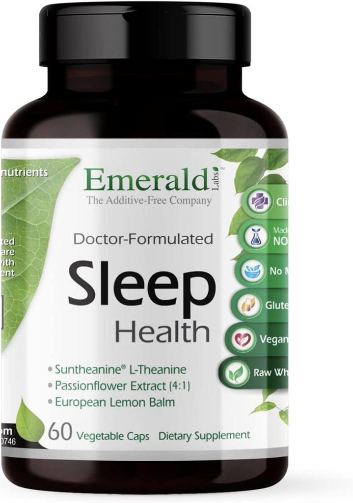 Emerald Labs Sleep Health - Sleep Support Supplement with Suntheanine L-Theanine, Melatonin, Avrupa Limon Balm & Passionflower - Gluten Free, Vegan - 60 Sebze Kapsülleri (30 Günlük Supply)