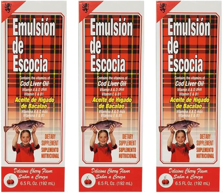 Γαλάκτωμα de Escocia Cod Liver Oil Dietary Supplement. Πλούσια σε βιταμίνες Α, Δ, Ε και Β1. Αρωματισμένο κεράσι. 6.5 Fl Oz / 192 mL. Συσκευασία των 3