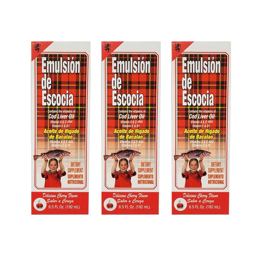 Emulsion de Escocia Cod Liver Oil Diyetary Supplement. Vitaminlerde Zengin, D, E ve B1. Cherry Flavoured. 6.5 Fl Oz / 192 mL. Paket 3