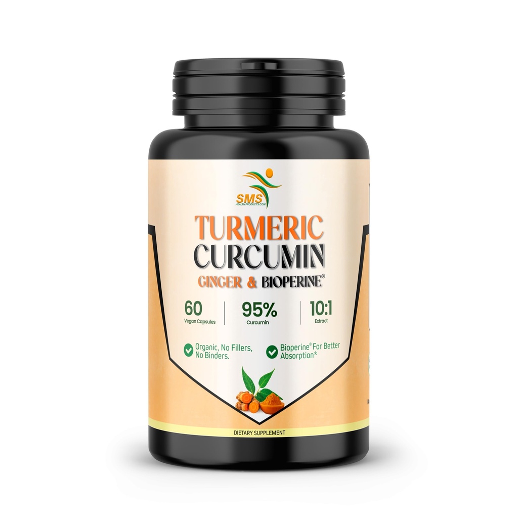 Turmeric Curcumin with Ginger, BioPerine Black Pepper,% 95 Curcuminoids, Natural Joint & Healthly Inflammatory Support, Antioxy Tumeric Supplement, 60 Veggie Capsules, USA, by SMS