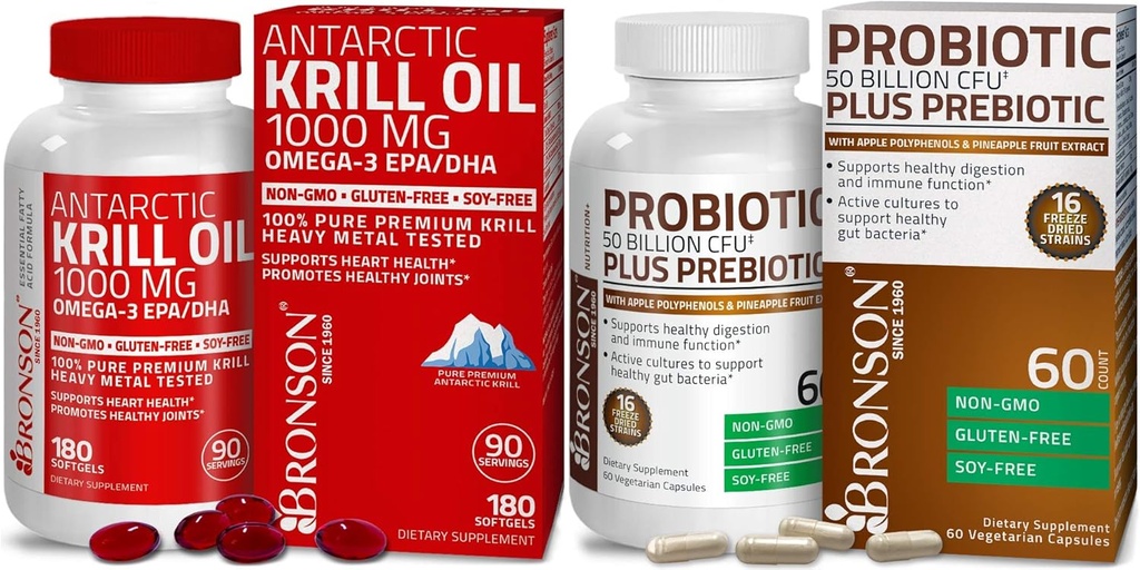 Bronson Probiyotik 50 Milyar CFU + Prebiyotik with Apple Polyols & Pineapple Fruit Ekstrac Antarktika Krill Oil 1000 mg with Omega-3s EPA DHA
