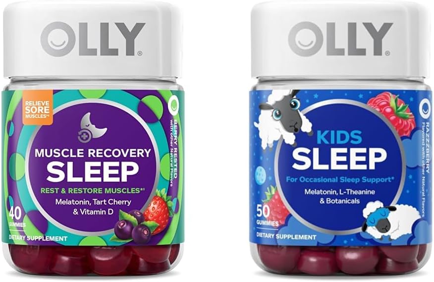 OLLY Muscle Recovery Sleep Gummies with Tart Cherry, 40 Kont and Kids Sleep Gummy with Melatonin, Chamomile, 50 Kont