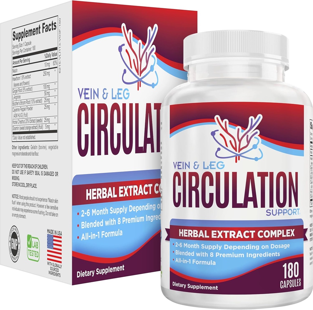 2-Month: Vein & Leg Circulation Supplement (All-in-1) 8 Active Materialss | Blood Circulation Formula | Leg & Vein Supplements | 60-Day Bulk Supply | 180 Capsules