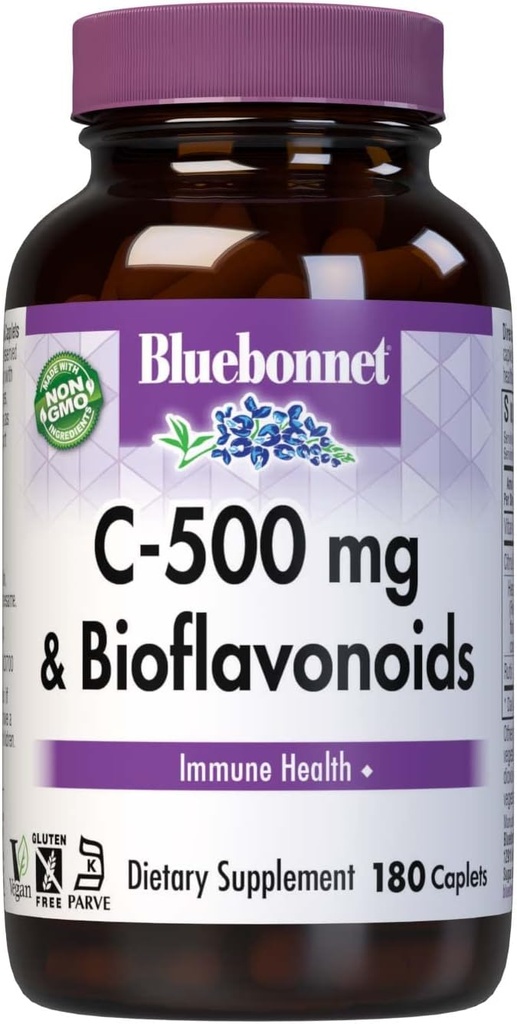 Bluebonnet Beslenme C-500 mg Plus Bioflavonoyaks Caplets, C 500 mg, Citrus Bioflavonoids 250 mg, Immune Health, Soy Free, Gluten Free, Non-GMO, Kosher, Free, Vegan, 180 Caplets