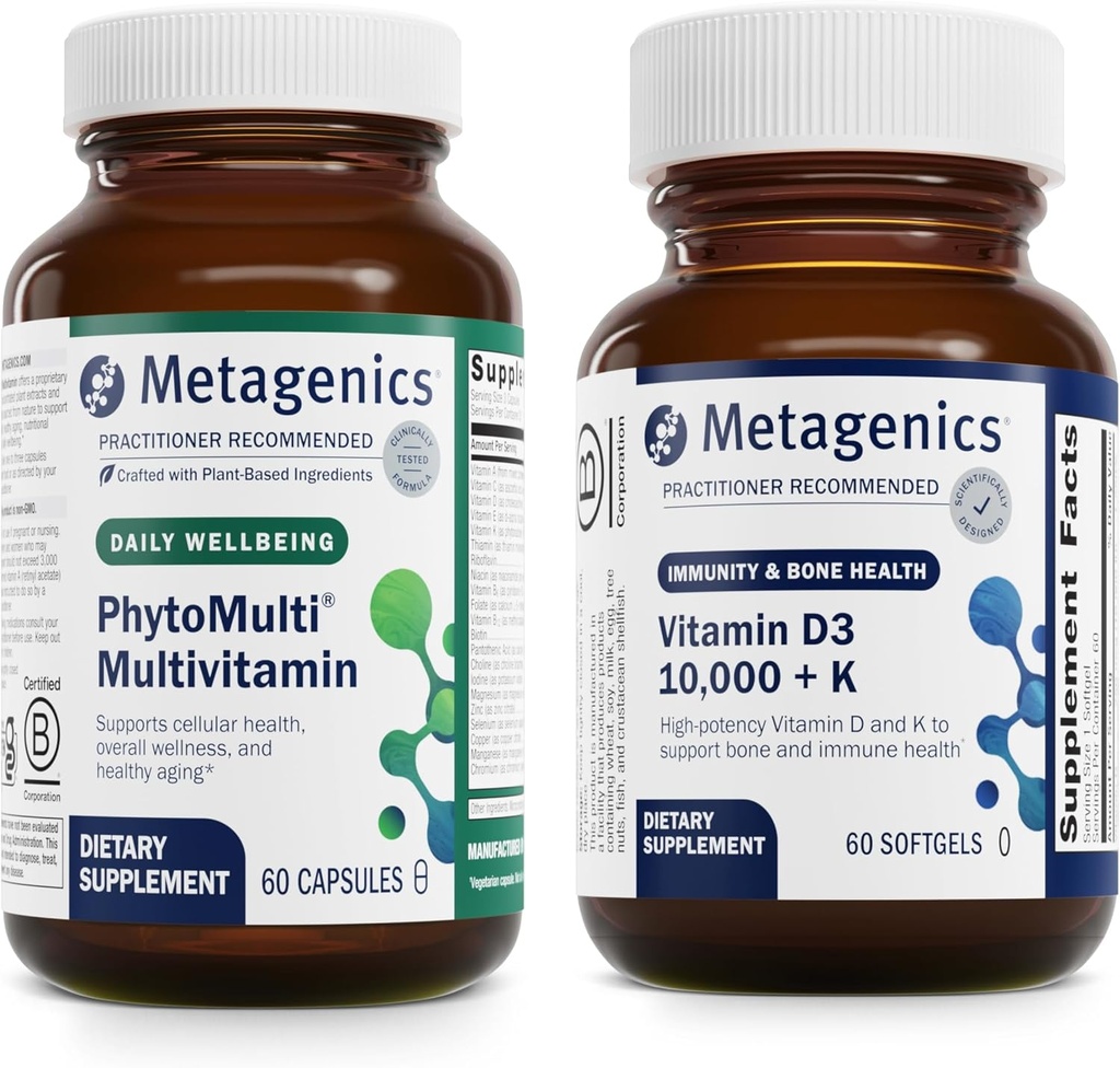 Metagenics Sche - PhytoMulti & D3 10.000 + K - Erkekler ve Kadınlar için Phyto Çok 60 Capsules - Immune Support, Bone Health & Heart Health