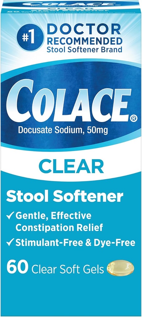 Colace Clear Stool Softener'i aktif Constipation Relief için, #1 Doktor Önerilen Stool Softener Brand, Dye Free, 50 mg Docusate Capsules, 60