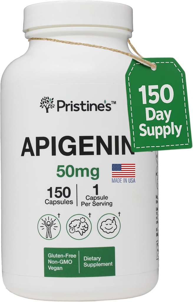 PRISTINE'S Apigenin συμπλήρωμα για κάψουλες ύπνου - 50mg 150 ημέρα προσφοράς - Prostate & Sleep Support Found in Chamomile Powder for Relaxation, Healthy Aging, Brain & Heart Health, & Immunity