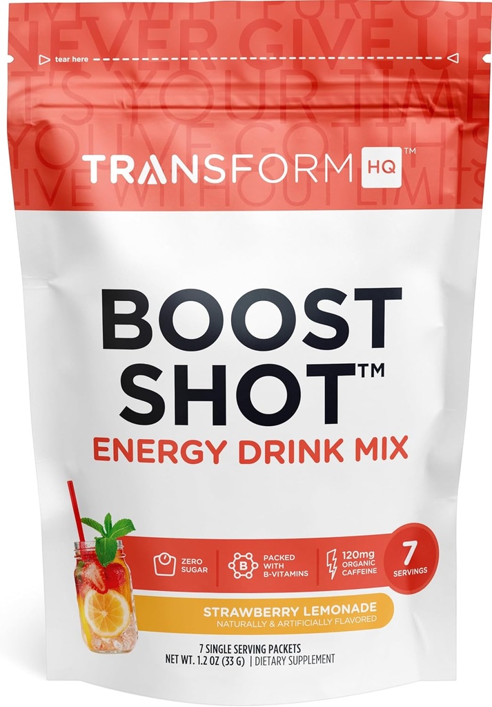 TransformHQ Boost Shot Powder Stick Packets, Λεμονάδα φράουλα, 7 Pack, Ενεργειακά Συμπληρώματα για γυναίκες και άνδρες, με καφεΐνη, Βιταμίνη B12, B9, B6 & B3