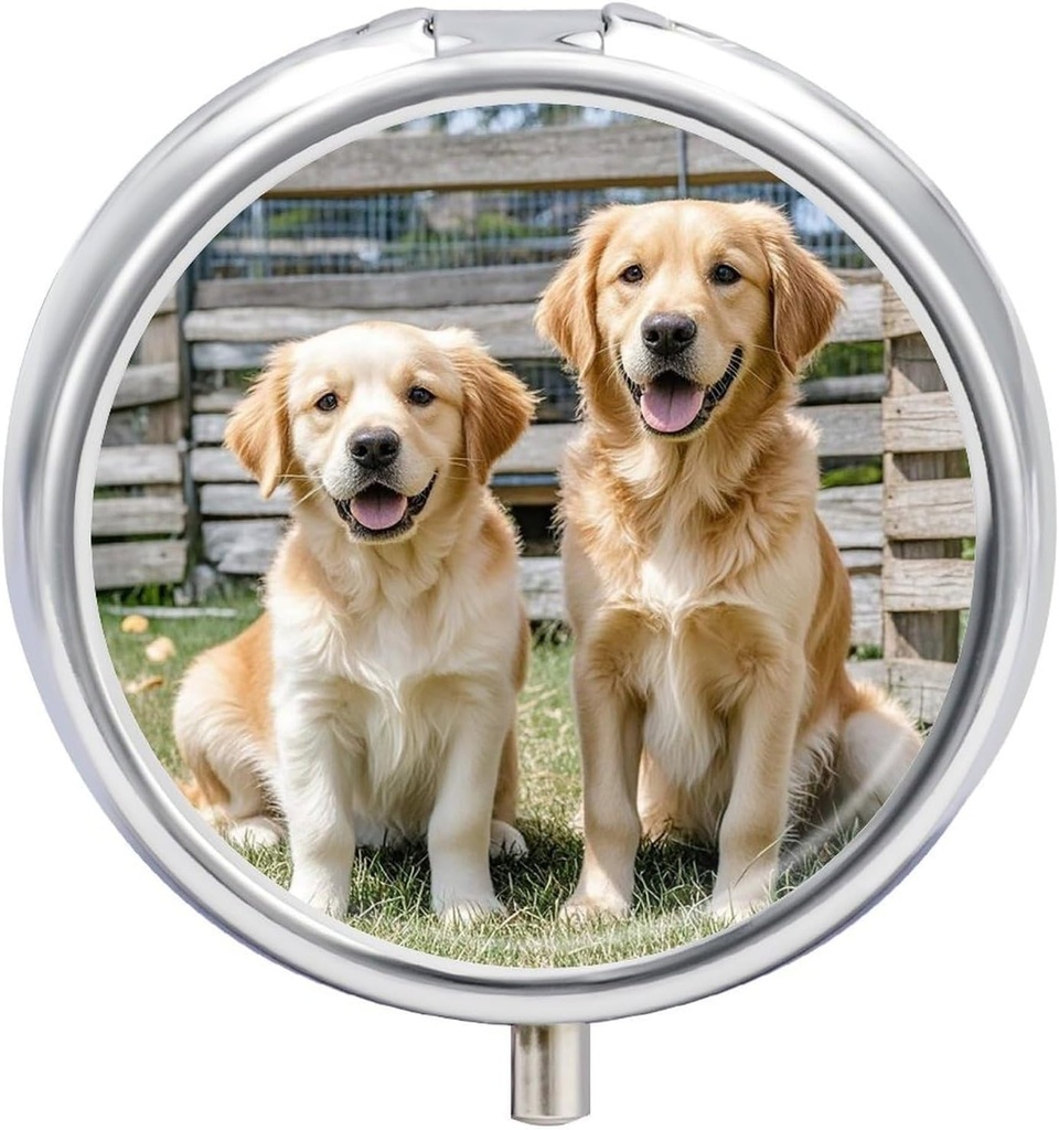 Yuvarlak Pill Case 3 Karşılaştırma Altın Köpekleri Puppies Evcil hayvanlar Pill Box Mini Tıp Pill Organize Edici Port Pillbox For Pocket Purse Metal Pill Konteyner for Vitamins Fish Oil Supplements