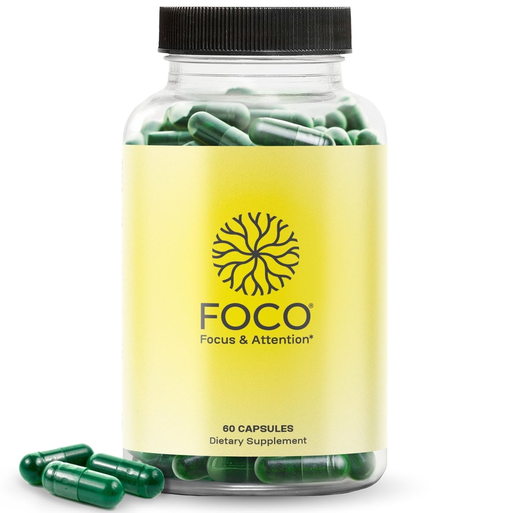 FOCO Capsules (13 +) Gençler ve Yetişkinler için Doğal Focus Supplement - Concentration, Memory, mentalty, Bilişsel Geliş Vitaminleri - Dikkat Tamamları - 60 Capsules