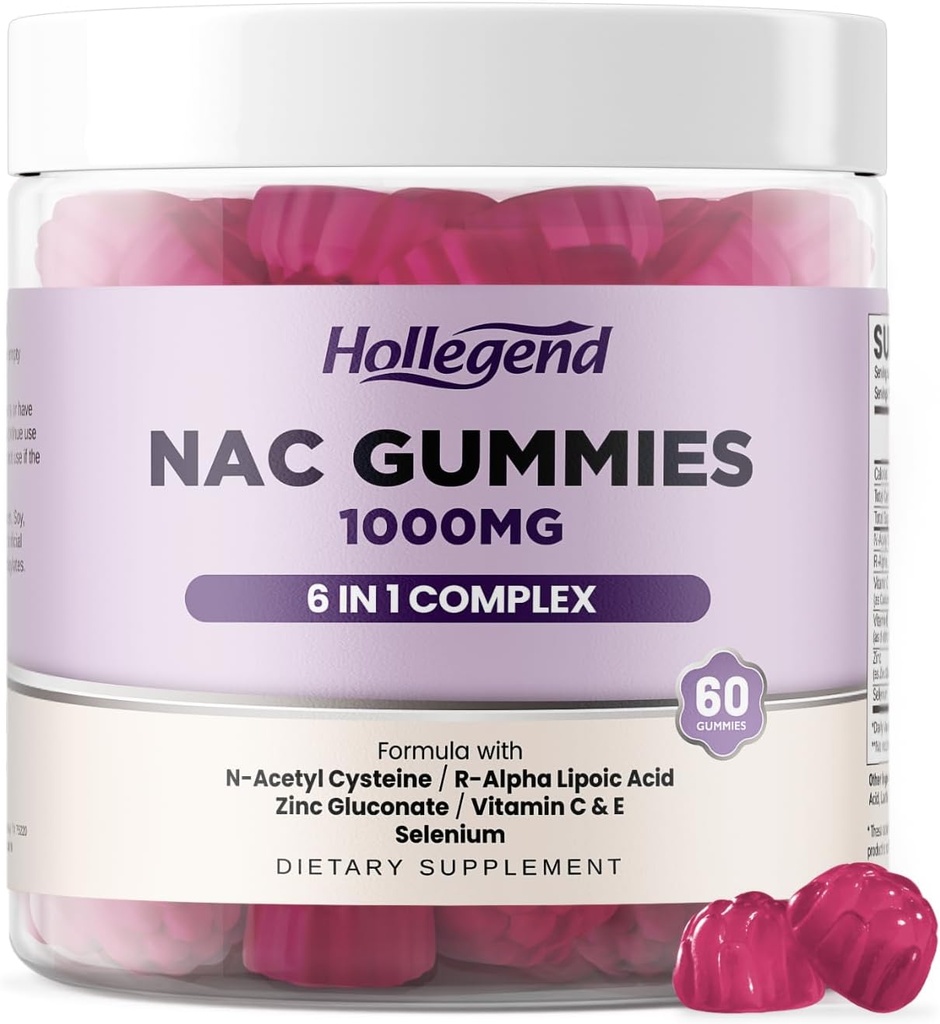 6 σε 1 NAC Gummies, Chewable N Acetyl Cysteine 1000mg συμπλήρωμα για παιδιά και ενήλικες, με ALA, ψευδάργυρο, βιταμίνη C & E, Σελήνιο, Αντιοξειδωτικό & ανοσοποιητικό σύστημα υποστήριξης, άρωμα βατόμουρο, ζάχαρη δωρεάν, 60 Ct