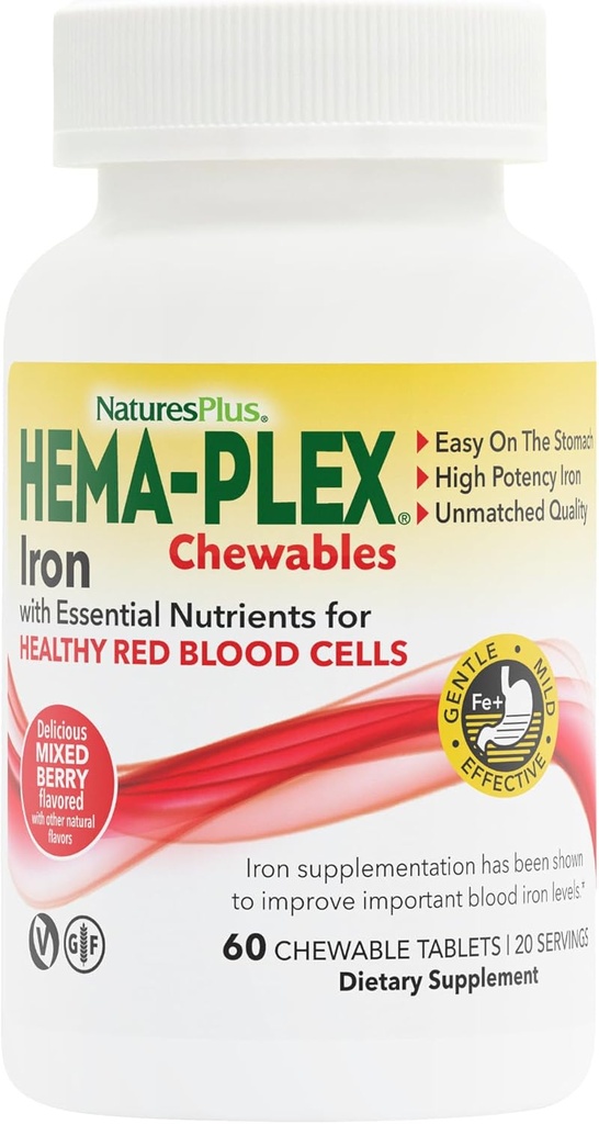 Natures Plus Hema-Plex Iron - 60 Mixed Berry Chewables - 85 mg Elemental Iron - Total Blood Health - with Vitamin C & Bioflavonoids - Non-GMO, Vegan & Gluten Free - 20 Servings