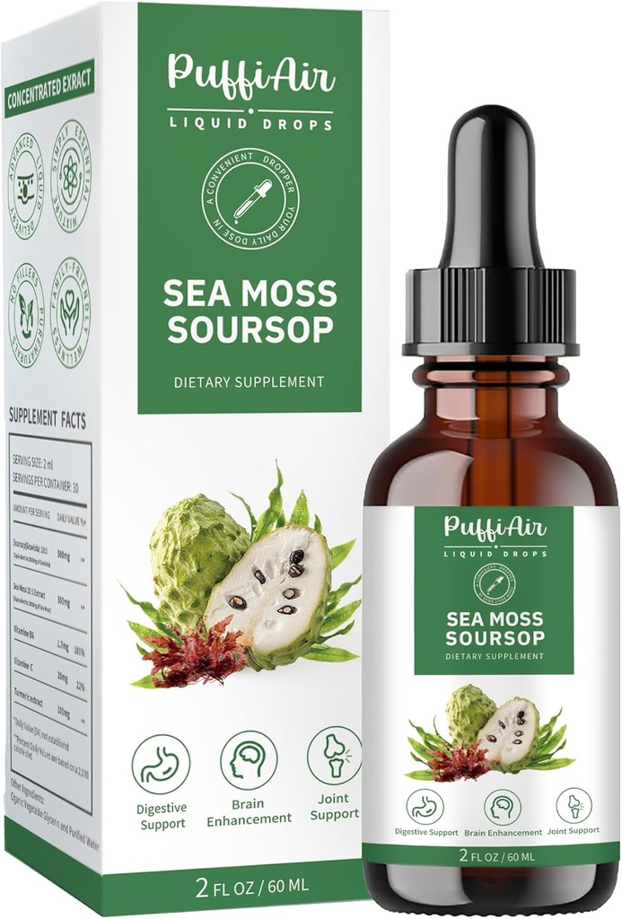 PUFFIAIR Soursop (Graviola) & Sea Moss Sıvı Hücre Desteği ve Rejenerasyonu için Geri Döndüm, Immune Boost, Relax, Liver ve Sleep, Herbal Extract, Sugar/Gluten Free, Natural Flavor, 2 Fl Oz/60 ml