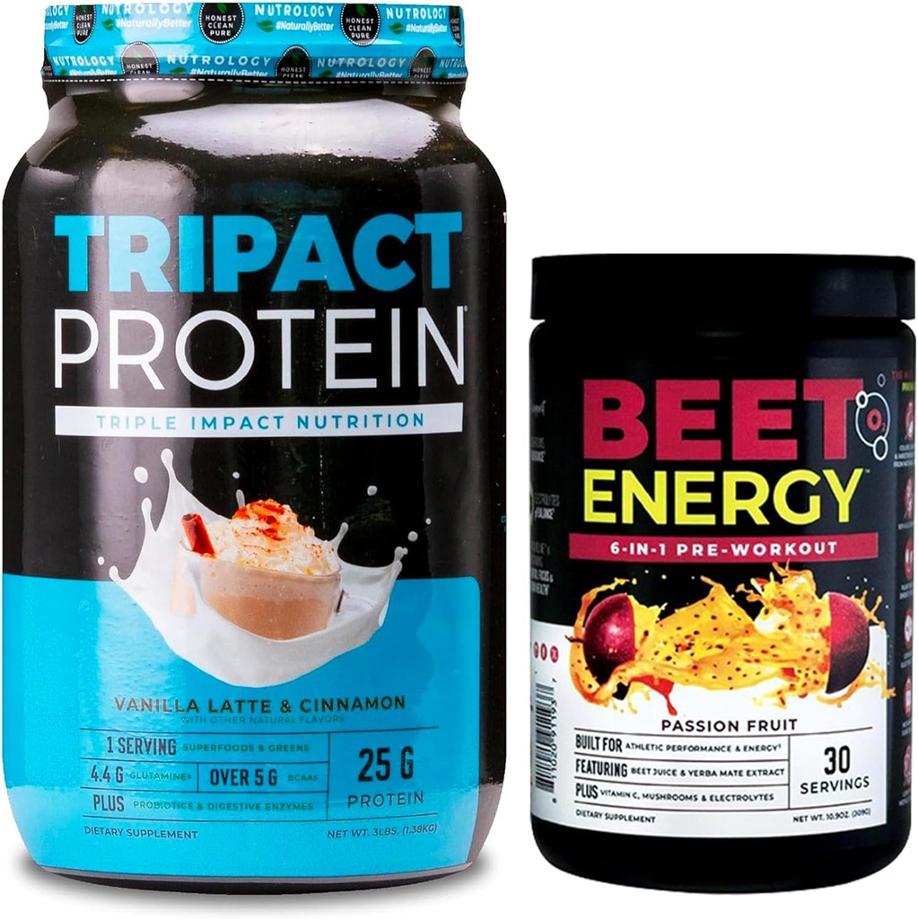 Nutrology TRIPACT Protein Powder, 7-in-1 Replacement Meal Shake, Vanilla Latte Cinnamon Flavor (40 μερίδες) Beet Natural O2, Pre Processout Powder, Passion Fruit Flavor (30 μερίδες)