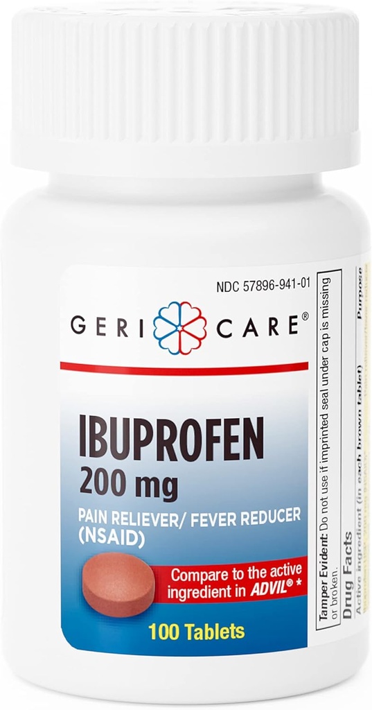 GeriCare Ibuprofen 200mg Πόνος Reliever και Πυρετός Reducer – Δισκία για Πονοκέφαλους, Ψυχρά, Τουθάτσες και Πόνο Κοινής Χρήσης 100 (Pack of 1)
