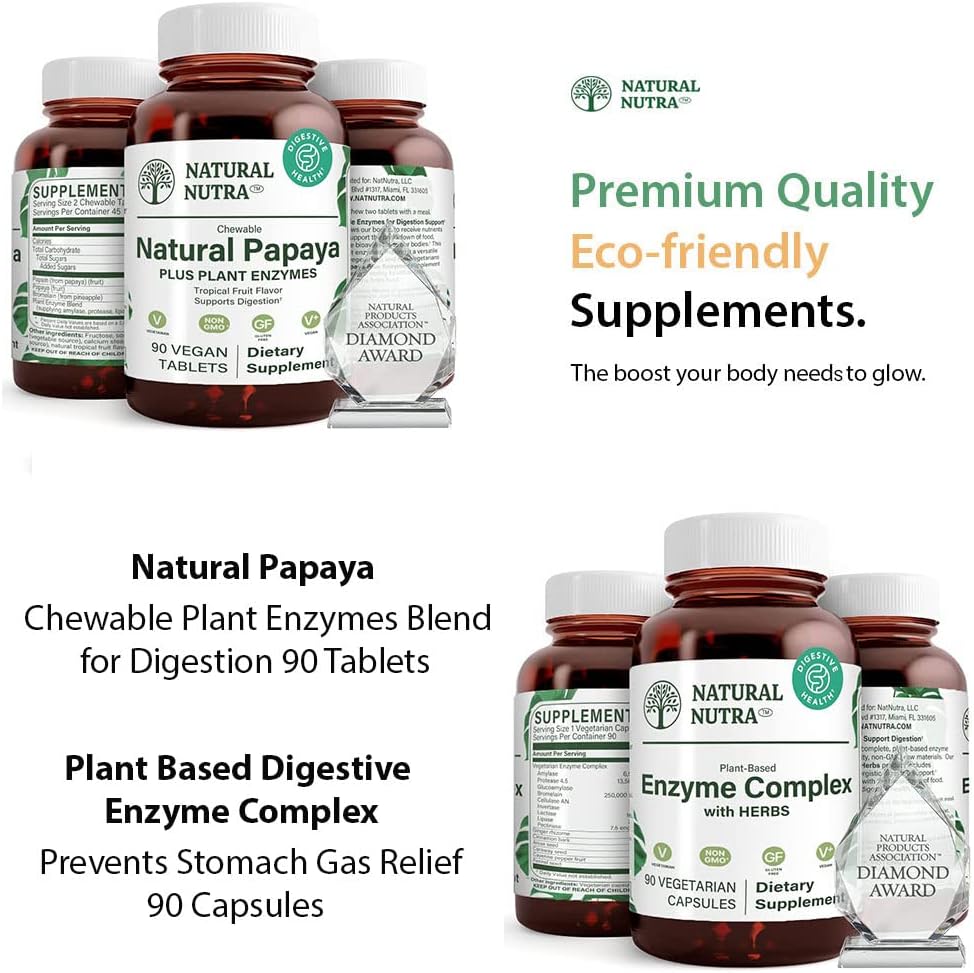 Natural Nutra Papaya Chewable Plant Enzymes Blend for Digestion 90 Chewable Vegan Tablets and Plant Based Digestive Enzyme Complex with Herbs 90 Vegan Capsules for Digestion, Prevents Stomach.