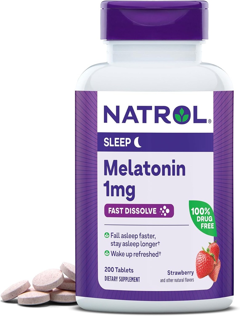 Natrol Hızlı Dissolve Melatonin 1 mg, Restful Sleep için Tamamlar, Yetişkinler için Uyku Desteği, 200 Strawberry-Flavored Melatonin Tabletleri, 200 Günlük Supply