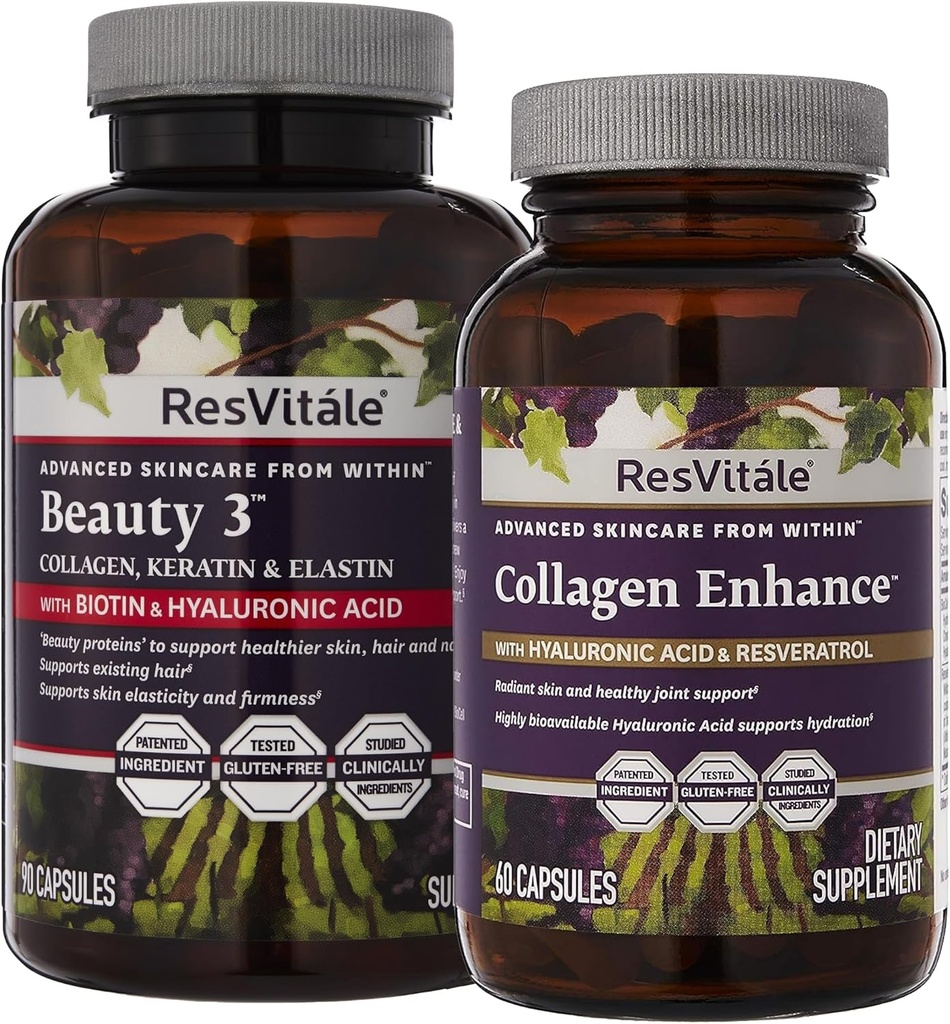 ResVitale Beauty 3 - συμπλήρωμα περιποίησης δέρματος με κολλαγόνο, κερατίνη & ελαστίνη - 90 κάψουλες & κολλαγόνο Enhance - συμπλήρωμα ομορφιάς με υαλουρονικό οξύ & ρεσβερατρόλη - 60 κάψουλες
