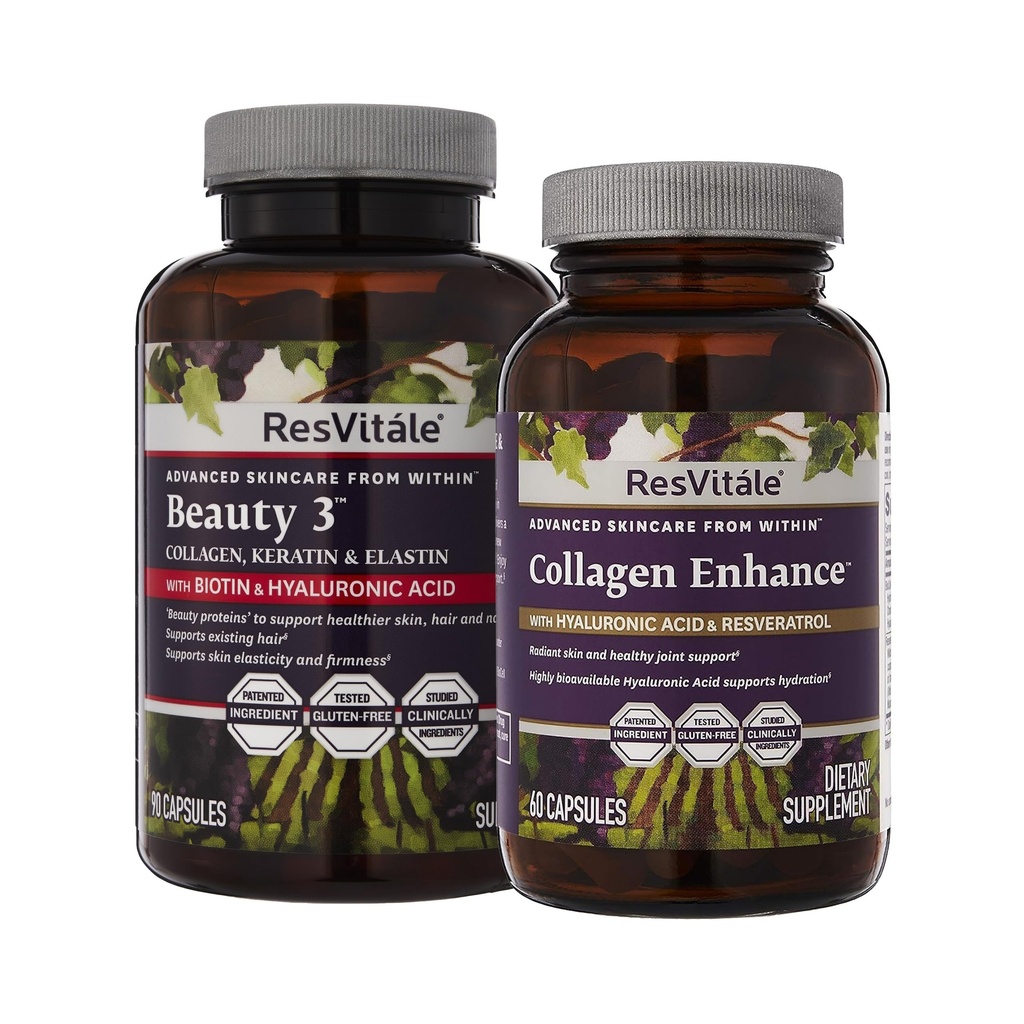 ResVitale Beauty 3 - Skin Care Supplement with Collagen, Keratin & Elastin - 90 Capsules & Collagen Advanced - Beauty Supplement with Hyaluronic Acid & Resveratrol - 60 Capsules