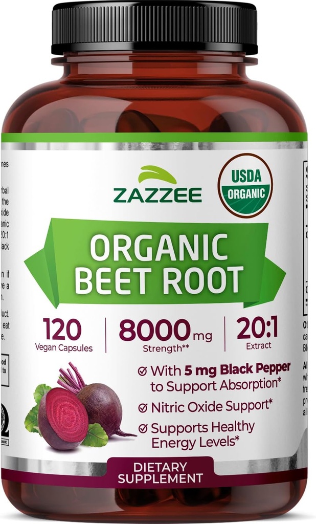 Zazzee USDA Organic Beet Root 8000 mg Strength 20:1 Extract, 120 Vegan Quick Release Capsules, Black Pepper Extract για βελτιωμένη απορρόφηση, υποστηρίζει την παραγωγή νιτρικού οξειδίου, μη GMO, Made in The USA