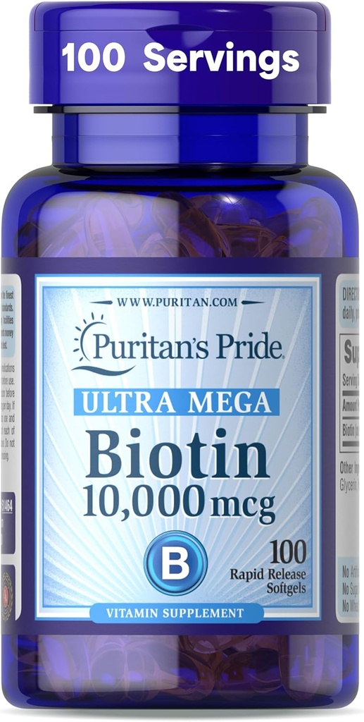 Puritan's Pride Premium Ultra Mega Biotin 10.000 Telefon, Sağlıklı Saç, Cilt, Çiçeği ve Enerji Metabolism Desteği, 100 Gün Supply, 100 Hızlı Yayın Softgels