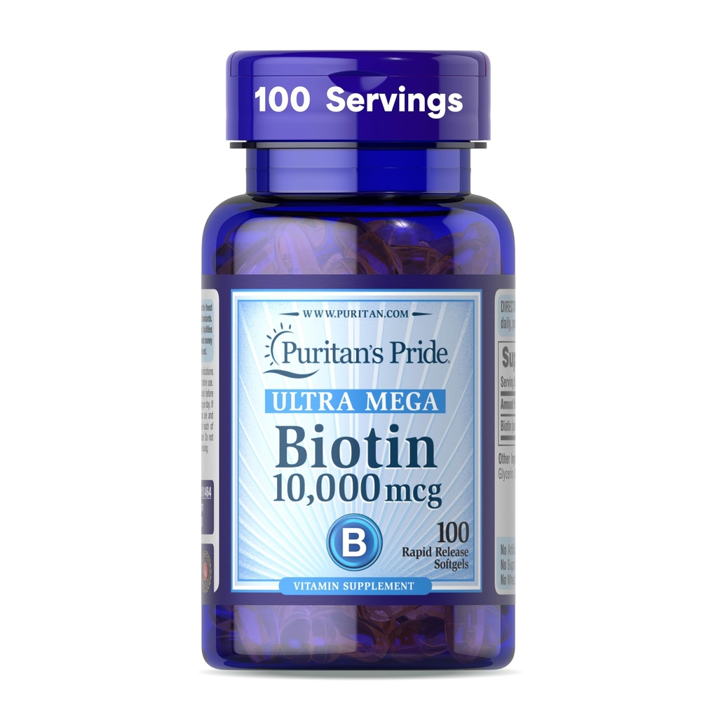 Puritan's Pride Premium Ultra Mega Biotin 10.000 Telefon, Sağlıklı Saç, Cilt, Çiçeği ve Enerji Metabolism Desteği, 100 Gün Supply, 100 Hızlı Yayın Softgels