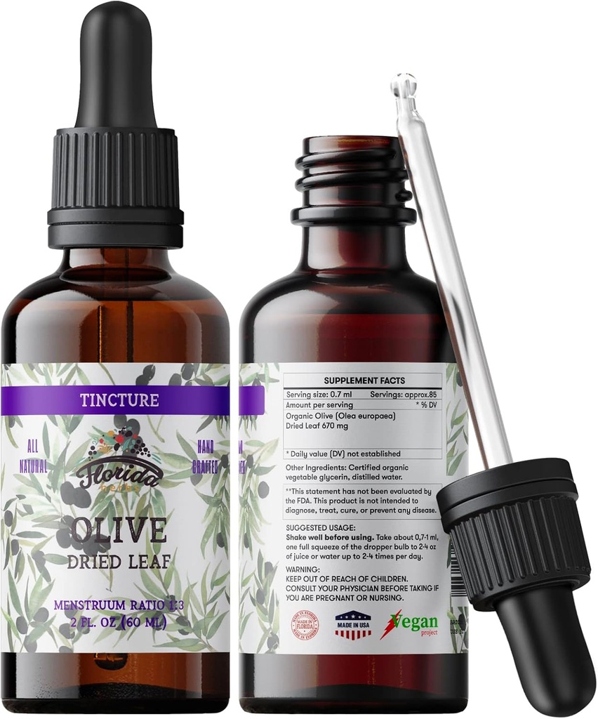 Organik Zeytin Leaf Tincture, Zeytinyağı Sıvı (Olea europaea) Kuru Yaprak Herbal Supplement, Soğuk-Basın Organik Sebze Glycerin, 700 mg, 2 oz (60 ml)