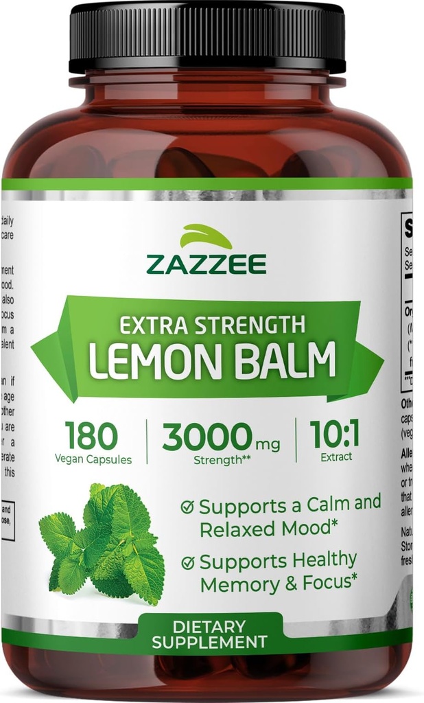 Zazzee Organik Limon Balm 10:1 Ekstraksiyon, Capsule başına 3000 mg Güçlü, 180 Vegan Capsules, 6 Ay Supply, Standartlaştırılmış ve Yoğun 10X Ekstraksiyon, %100 Vejetaryen, All-Doğal ve Non-GMOMO