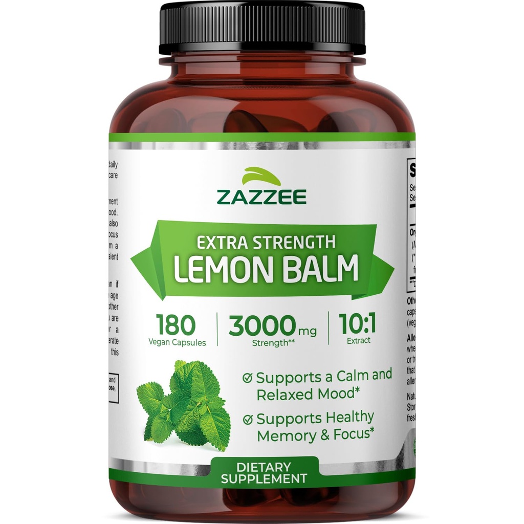 Zazzee Organik Limon Balm 10:1 Ekstraksiyon, Capsule başına 3000 mg Güçlü, 180 Vegan Capsules, 6 Ay Supply, Standartlaştırılmış ve Yoğun 10X Ekstraksiyon, %100 Vejetaryen, All-Doğal ve Non-GMOMO