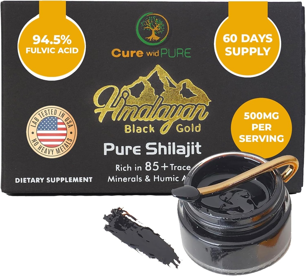 Cure, Erkekler ve Kadınlar için Saf Himalaya Shilajit -% 94.5% Fulvic Acidhopper, 500 mg 60 Hizmet - ABD Enerji için Organik Adaptojen, Vitality & Hormonal Denge