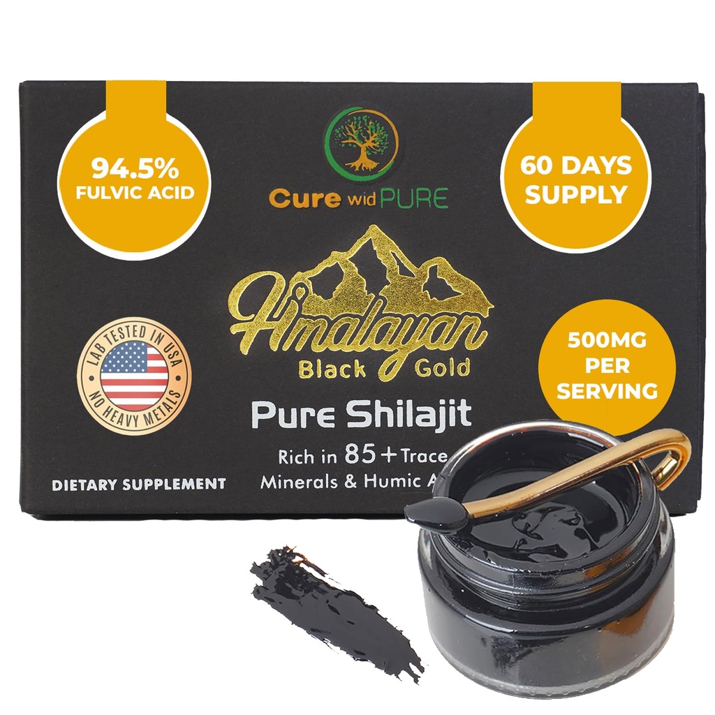 Cure, Erkekler ve Kadınlar için Saf Himalaya Shilajit -% 94.5% Fulvic Acidhopper, 500 mg 60 Hizmet - ABD Enerji için Organik Adaptojen, Vitality & Hormonal Denge