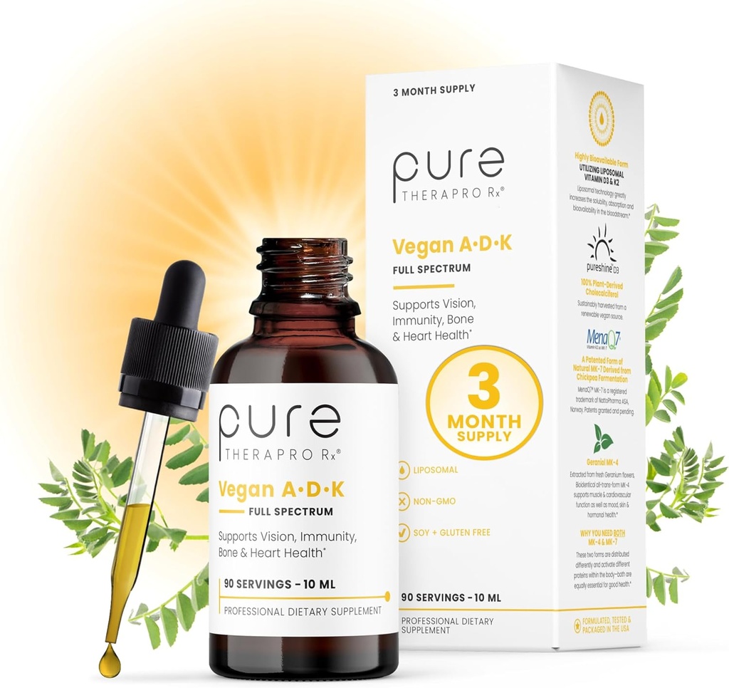 Pure Therapro Rx Vegan A-D-K Drops 10 Ml, ABD'de Yapıldı | 3 Ay Supply | Vitamin A (Palmitate), Liposomal Vitamin D3 (Pureshine), Liposomal Vitamin K2 (MK-4 & MK-7) Desteği Immunity & Bone Health