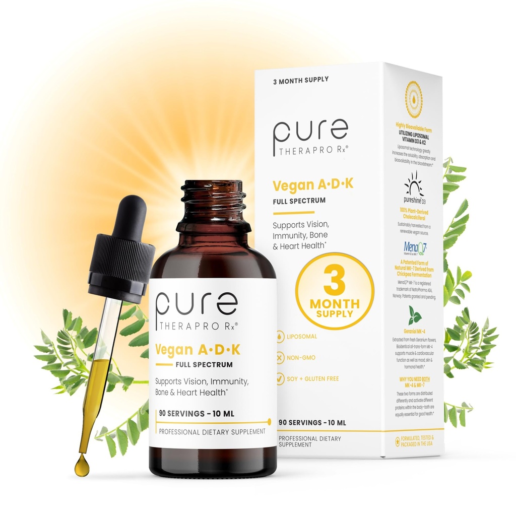 Pure Therapro Rx Vegan A-D-K Drops 10 Ml, ABD'de Yapıldı | 3 Ay Supply | Vitamin A (Palmitate), Liposomal Vitamin D3 (Pureshine), Liposomal Vitamin K2 (MK-4 & MK-7) Desteği Immunity & Bone Health