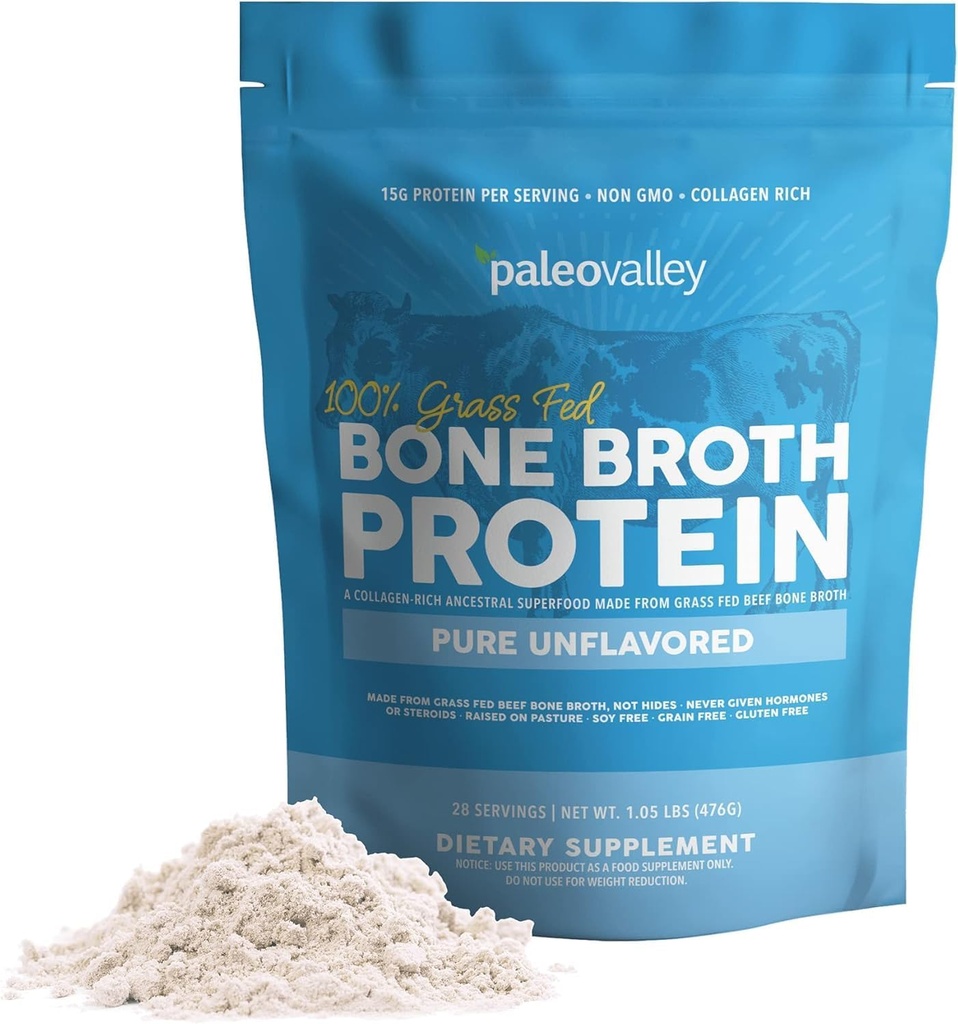 Paleovalley 100% Grass Fed Beef Bone Broth protein Toz - Saç, Cilt, Gut Health, Bone ve Ortak Destek - 15g Protein Per Servisi - No Gluten or GMOs