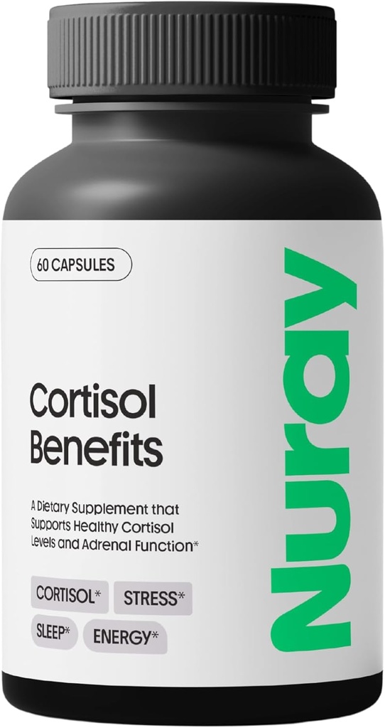 Συμπλήρωμα για οφέλη Nuray Cortisol - Adrenal Support with Rhodiola Rosea Supplement, Ashwaghanda - Χωρίς γλουτένη, χορτοφαγική, προωθεί την ενέργεια - 60 κάψουλες