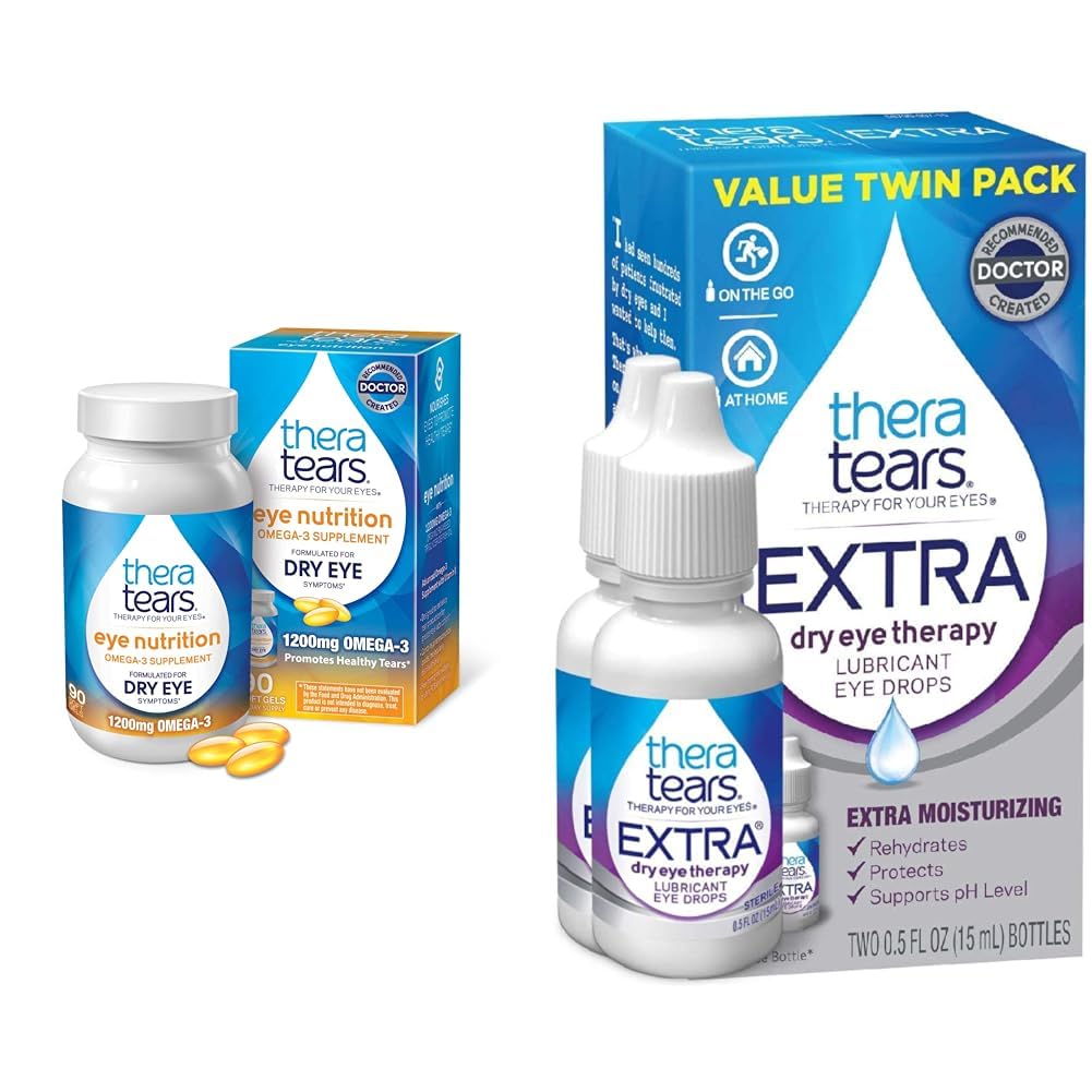 TheraTears Omega 3 συμπλήρωμα, 1200mg, 90 ct (πακέτο του 1) & Extra ξηροφθαλμία θεραπεία Λιπαντικές σταγόνες ματιών για ξηρά μάτια, 0.5 fl oz μπουκάλι, 2 κόμης