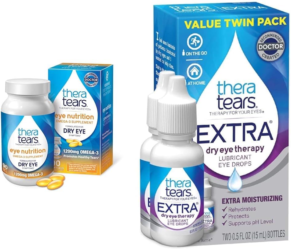 TheraTears Omega 3 Supplement, 1200 mg, 90 ct ( 1) ve Ekstra Kuru Göz Terapisi Kuru Gözler için Göz Bırakıyor, 0,5 fl oz Şişe, 2 Count Count Count