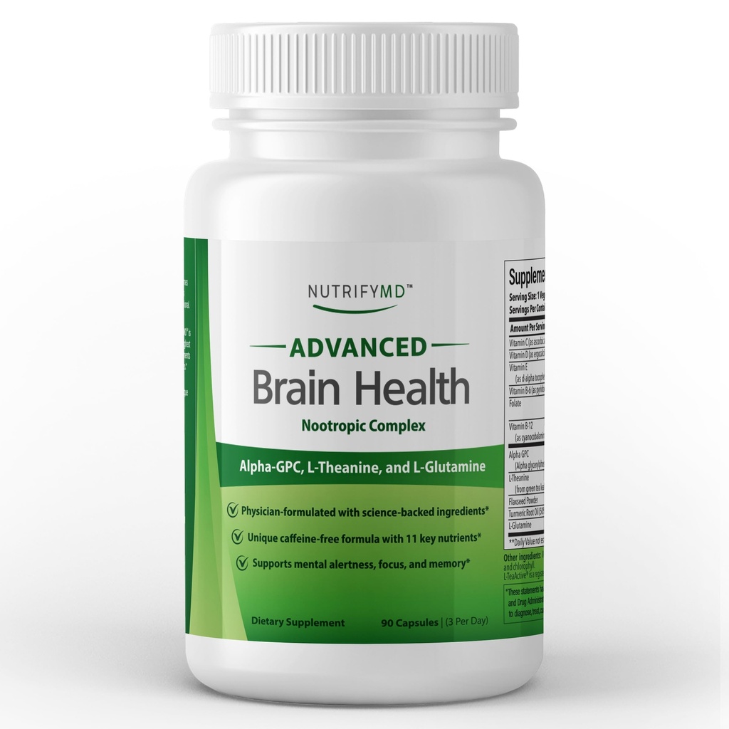 Advanced Brain Health Supplement with Alpha GPC, L-Θεανίνη, L-Γλουταμίνη για Μνήμη και Εστίαση - 90 Κάψουλες