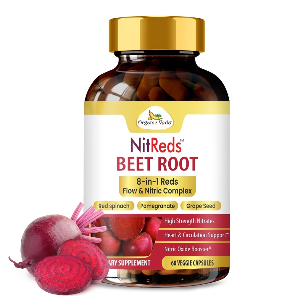 Organik Veda Beet Root Triple Reds Flow & Nitrik Oksit Supplement, 20:1 Tür - Yüksek Kuvvetli Nitrates Supplements with Super Red Foods Beetroot, Pomegranate, Red Spinach Extract, 60 Capsule Capsule