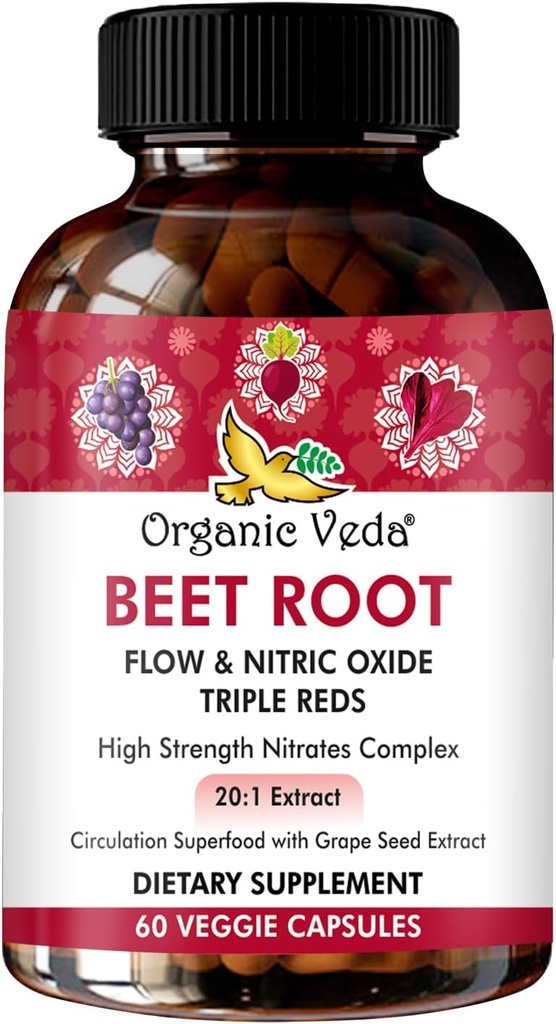 Organik Veda Beet Root Triple Reds Flow & Nitrik Oksit Supplement, 20:1 Tür - Yüksek Kuvvetli Nitrates Supplements with Super Red Foods Beetroot, Pomegranate, Red Spinach Extract, 60 Capsule Capsule