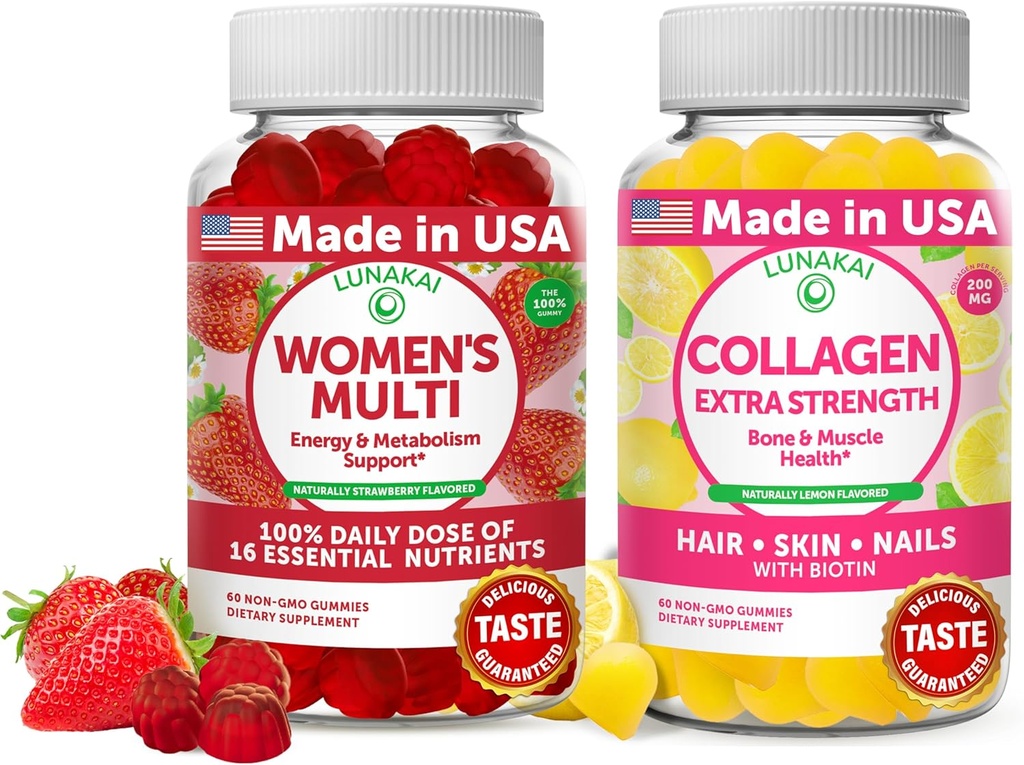 Lunakai Women Multi and Collagen Gummies Combo - Όλα-φυσικά συμπληρώματα, χωρίς γλουτένη, χωρίς σιρόπι καλαμποκιού 60 ct Κολλαγόνο και 60 ct Πολυβιταμίνη γυναικών - 30-Ημέρα προσφοράς