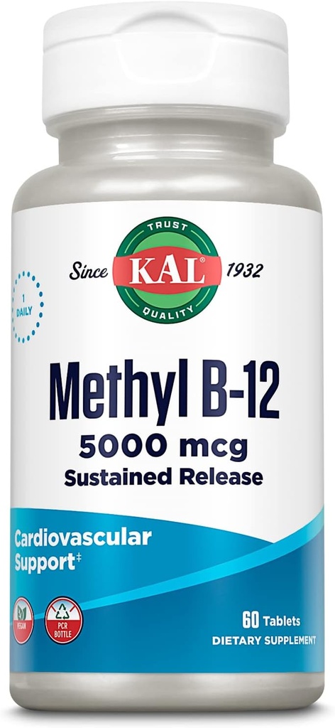 KAL Βιταμίνη B12 Μεθυλοκοβαλαμίνη 5000mcg, Υγιεινή ενέργεια, Μεταβολισμός, Νεύρο & Κόκκινο αίμα Υποστήριξη κυττάρων, * Γρήγορη διαλύονται ενεργοποιήσεις, Βέλτιστη απορρόφηση, Φυσική γεύση βατόμουρο, 90 εξυπηρετούν, 90 micro Tabs