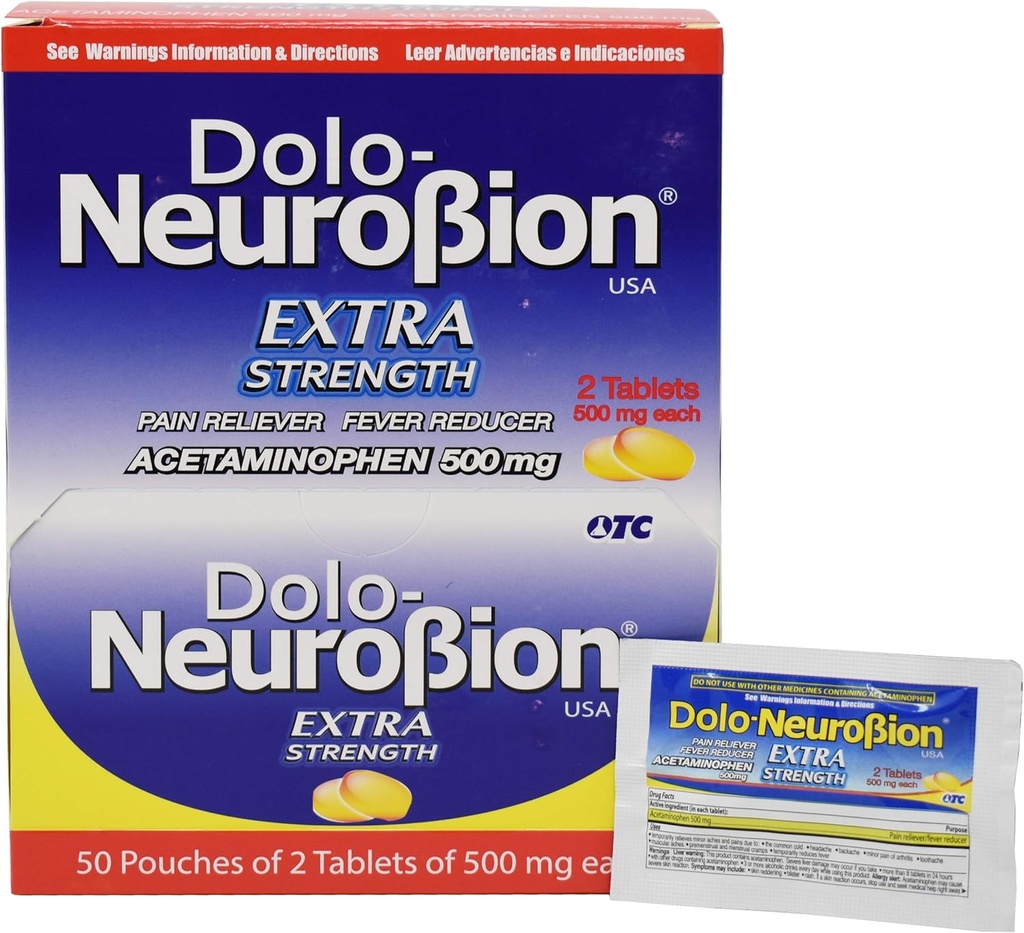 Nörobion Dolo Pain Reliever, Ateş Tanımları, Ekstra Güçlü, Fuerte, Alivia el Dolor, La Fiebre'yi Azaltıyor 50 x 2 Tablet