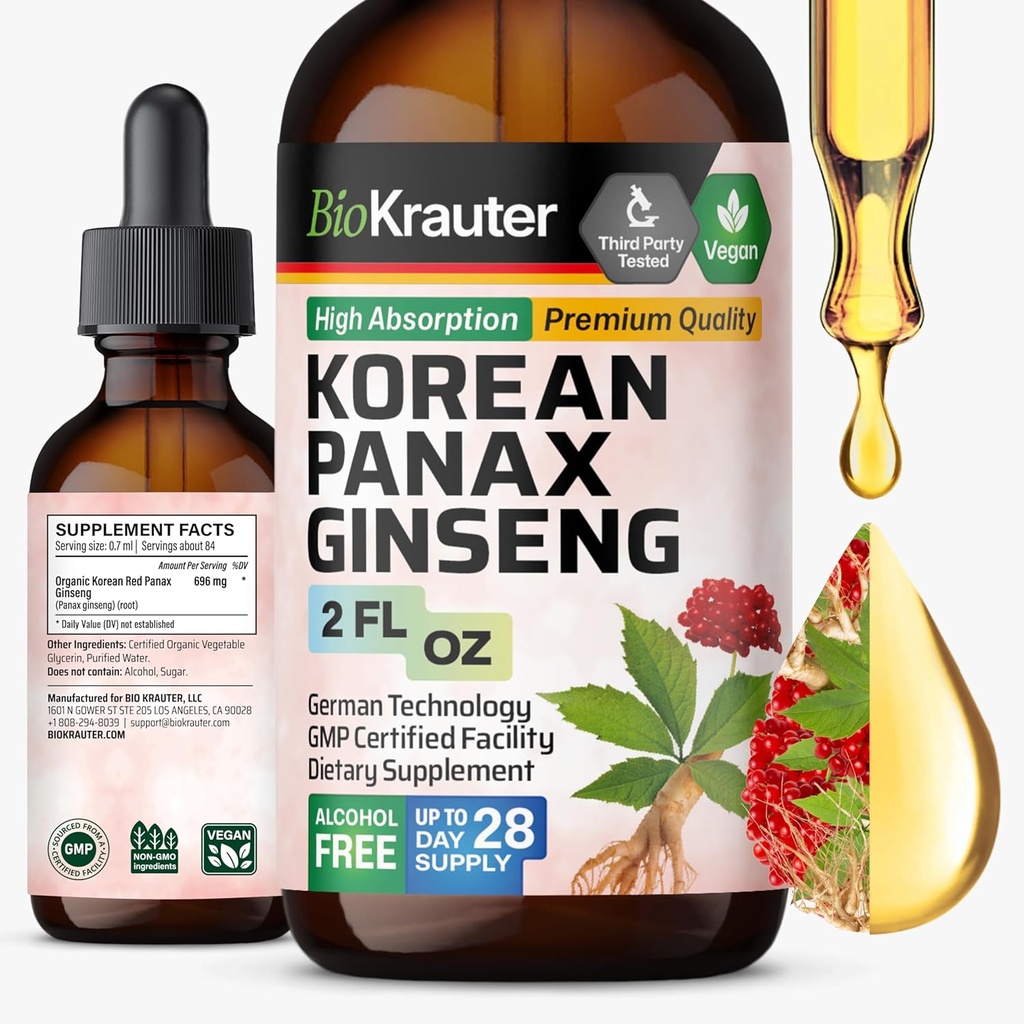 BIO KRAUTER Panax Ginsengi - Koreli Red BTC Supplement Alkol Ücretsiz - Immune Support - Vegan, Sugar Free - 2 Fl.Oz.